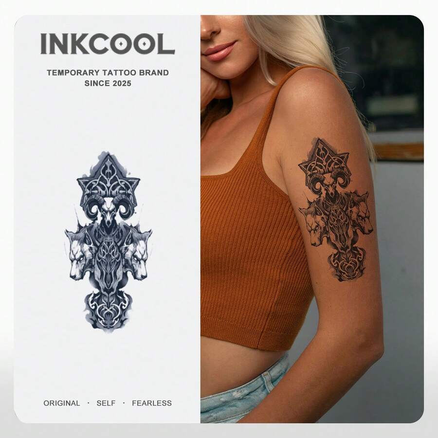 1pc Beast Head Pattern Waterproof Long-Lasting Color Tattoo Stickers, Suitable For Concerts And Music Festivals - Multicolor - View 1