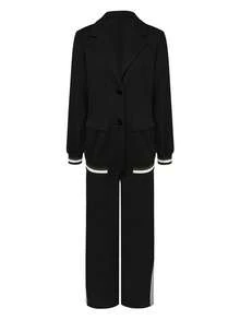 2pcs Solid & Striped Blazer Jacket And Wide Leg Straight Pants Set, Women Office Casual Suit - Black - View 3