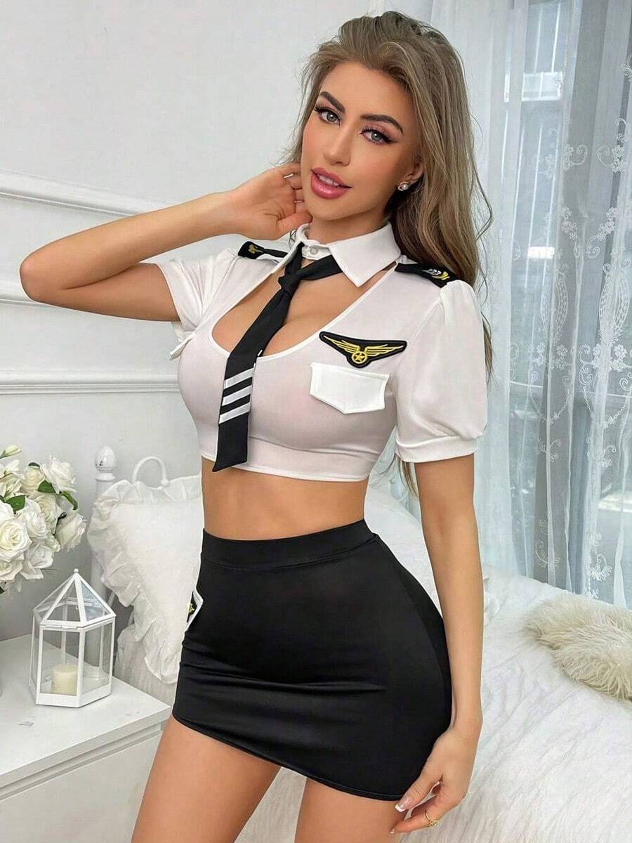 Deep V Sexy Female Flight Attendant, Secretary Lingerie Role-Playing Set, Office Women's Seduction Uniform, Semi Transparent Tight Top+Bag Skirt+Striped Tie, Christmas Gift, Role-Playing Private Party Outfit, Couple Game Costume - 白色 - 查看 1