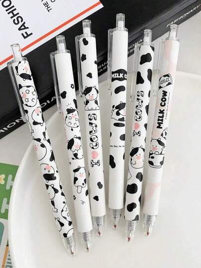 6/12 Cartoon Cow Neutral Pen Set, Japanese Stationery Black Ink Writing Pen, Suitable For Schools, Cards, And Students(Randomly Assemble 6 Pieces)