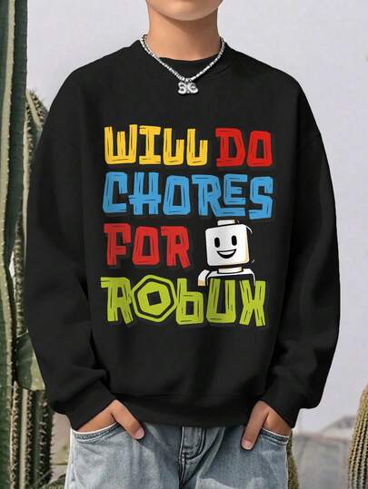 Tween Boy Casual Simple Boy Childlike Colorful Letter Slogan Robot Printed Pullover Round Neck Long Sleeve Sweater Autumn And Winter New