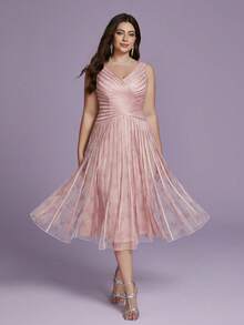 V-Neck Printed Mesh Draping Gown, High-End Evening Wear,Pink Dress - Pink - View 5