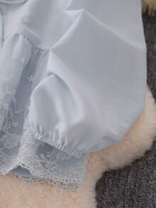 女士优雅通勤可爱甜美蝴蝶结圆领七分袖高腰上衣，刺绣蕾丝拼接衬衫，春夏款 - 淺藍色 - 查看 7