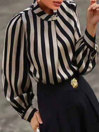 女士黑白条纹缎面衬衫，立领泡泡袖，复古优雅长袖衬衫，适合办公室约会穿着