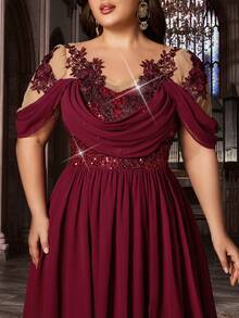 Đầm dạ hội maxi thanh lịch cỡ lớn dành cho phụ nữ, tay ngắn, cổ chữ V, đính sequin và họa tiết thêu, chất liệu chiffon, xẻ tà, thích hợp cho tiệc cưới mùa xuân. - Màu Đỏ Sâu - Xem 6