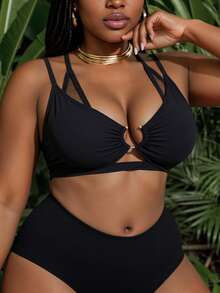 Slaydiva Plus Size Bikini Tops Cincin Plain Anggun - Hitam - View 2