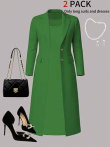 Ensemble élégant 2 pièces pour femmes, veste cardigan à manches longues de couleur unie + robe mi-longue sans manches, convient pour le printemps, l'automne et l'hiver