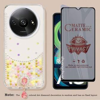 2-In-1 Redmi A3 Screen Protector & Rhinestone IMD Phone Case, Starry Sky Phone Protective Cover, Matte Ceramic Film, Privacy Screen Protector