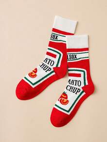 1pair Funny Tomato Sauce Printed Mid-Calf Socks, Fall