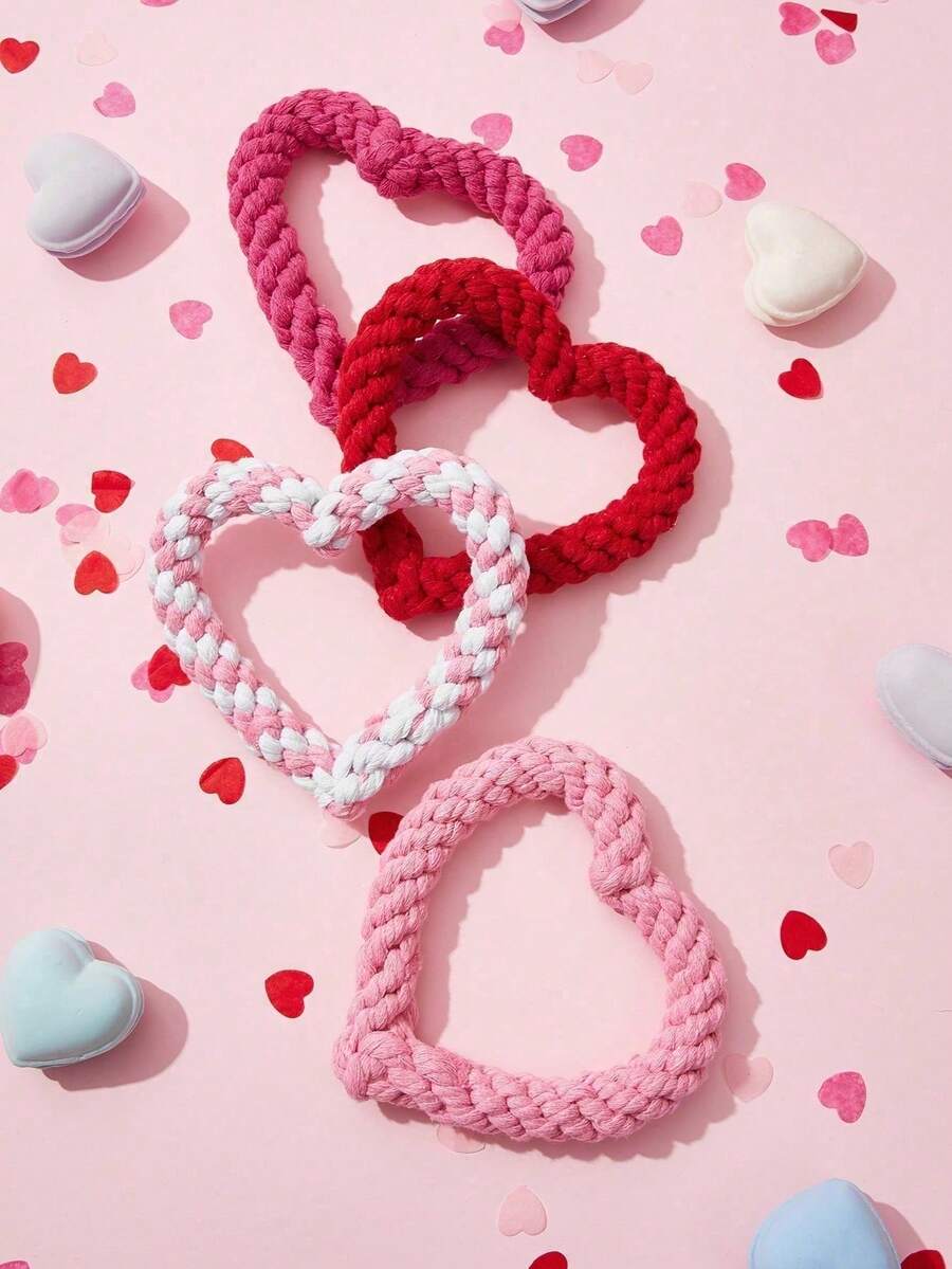 1pc Heart Shaped Woven Rope Chew Toy, Pet Chew Toy, Valentine's Day Gift, Suitable For Small And Medium Pets - Multicolor - View 1