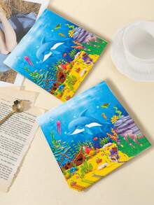 48张13英寸 x 13英寸海洋海豚主题餐巾纸 - 卡通深海海豚+海龟、水母、沉船水下元素印花，纸质，冒险风格，适合海洋主题派对/夏季海滩聚会及日常使用 - 彩色 - 查看 4