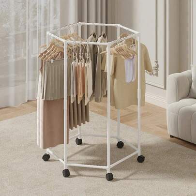 Hexagon Rotating Floor Clothes Rack Dormitory Coat Hanger Stand Indoor Drying Rack Movable Garment Organizer Hat Stand