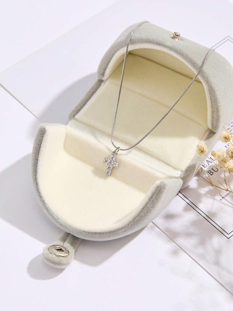 1pc Women's Minimalist Cubic Zirconia Cross Pendant Necklace, Suitable For Daily Wear (No Gift Box) - Silver - View 1