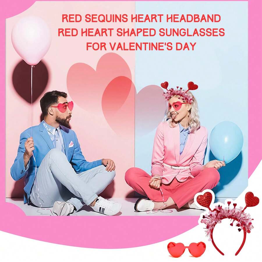 2 Pieces Of Heart-Shaped Hairbands With Sequins And Heart-Shaped Fashion Glasses. Heart-Shaped Glasses, Valentine's Day Clothing, Valentine's Day Hair Accessories, Wedding Clothing. They Are Ideal Hair Accessories For Weddings Or Birthday Celebrations.