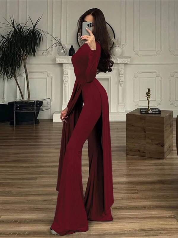 New Stylish Solid Color Elegant Long Sleeve Top And Flare Pants Set