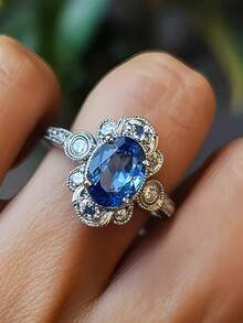 1 chiếc nhẫn đá Zirconia xanh thời trang và thanh lịch, quà tặng trang sức cho đám cưới, đính hôn, tiệc tùng - Màu xanh lam - Xem 6