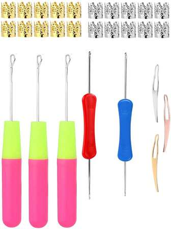 28 st virknålar, 5 st låsnålar, virknålar i blandade storlekar med böjda låsnålar och lås för hårflätning, för hårflätning, vävning, hårstylingverktyg, hårstylingkit, hårverktygskit