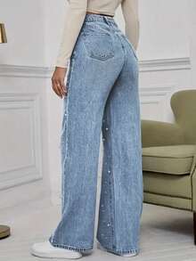Women's Solid Casual Denim Straight Pants, Pearl Embellishment For Elegance, Loose & Non-Bulky, Office/Casual Long Pants - 中等水洗藍 - 查看 5