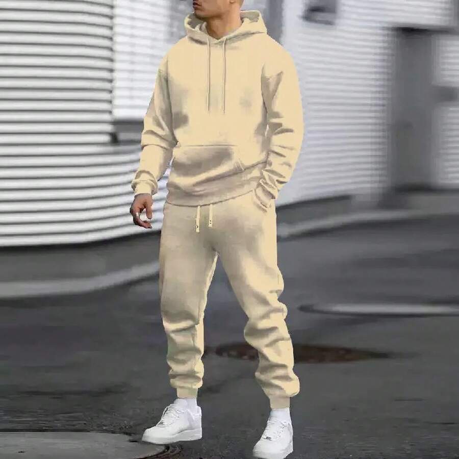 Men's Autumn Suit Casual Sports Solid Color Hoodie Men's Two-Piece Set Loose Sweatshirt Men's Clothing - 杏色 - 查看 1