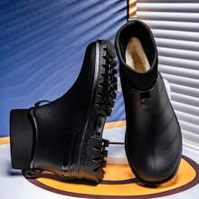 时尚固定式毛绒雨靴，男士低筒短筒雨靴，保暖防水防滑厚底耐穿鞋，适合学生、厨房、涉水、男女情侣穿着 - 黑色 - 查看 21