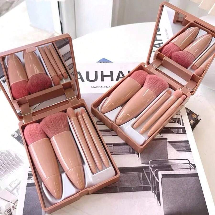 Kit com 2 Mini Espelho De Maquiagem Portátil Com 5 Pcs Pincéis De Maquiagem Lupa Mão Segurar Bolso - Caramelo - Visão 1