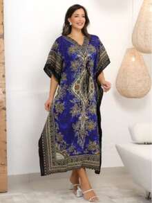 Long Kaftan Dress With Vibrant Colors And Print -  Fashion - 寶藍色 - 查看 2