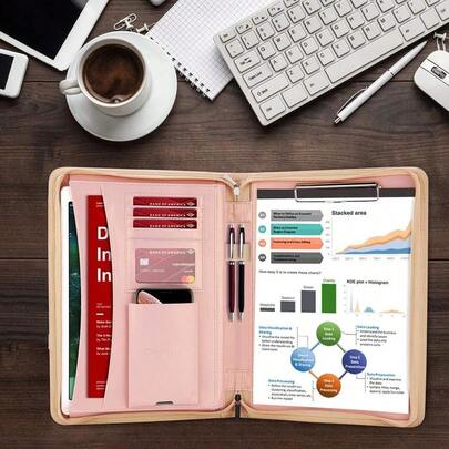 Zippered Leather Padfolio With Hidden Handle And Clipboard, Business Conference Organizer Notepad Folder, Portfoli...