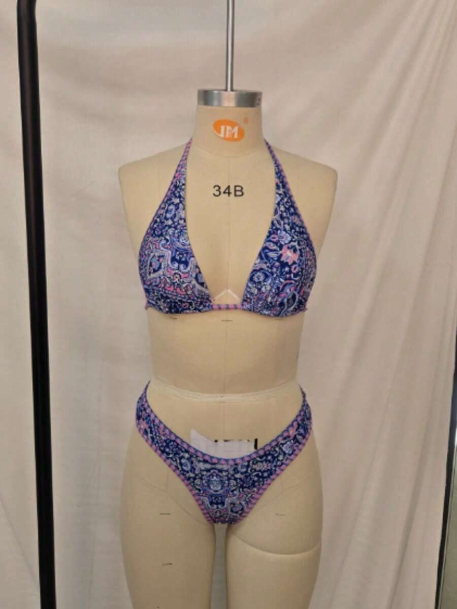 New Sexy Fashion Neck Tie Floral Print 2 Pieces Bikini Set Swimwear For Women, Beach/Vacation