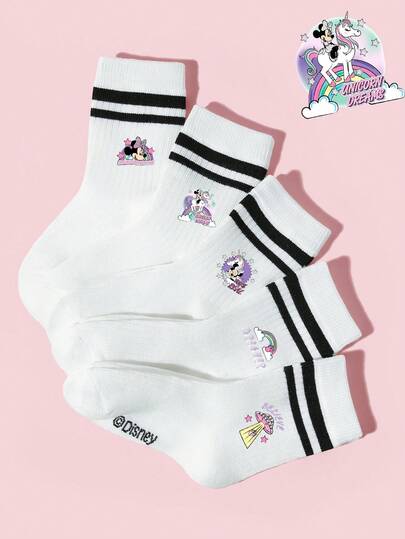 Disney 10/5/1 Pairs Girls/Kids Breathable Sports Socks/Ankle Socks, Double Stripe Campus Style, Cartoon Pink/Purple Rainbow/Letter/Minnie Pattern, Moisture-Wicking Odor-Resistant Mid-Calf Socks, Cute Sweet Casual Versatile Comfortable White Double Stripe Socks, Suitable For Classroom, New School Term, Back To School, Student, School Events, Birthday Party