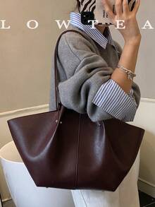 2pcs Low Tea Solid Color PU Leather One Shoulder Bag Women Casual Large Capacity Tote Bag, Book Bag With Double Handles And Snap Closure, Suitable For Travel, Shopping, Dating, Women's Gift, Suitable For Teenage Girls, College Students, Beginners And White-Collar Workers, Ideal For Office, School, Work, Business, Commuting, Outdoor, Travel, Picnic - Burgundy - View 6