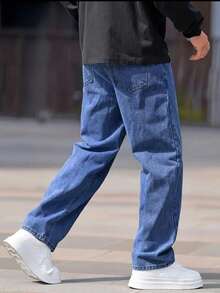 1pc Men's Straight Loose Fit Blue Jeans, Solid Color Comfortable Casual Jeans, Suitable As Gift For Husband Or Boyfriend - Blue - View 2