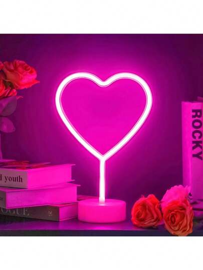 1个粉色爱心霓虹灯，母亲节LED霓虹灯，电池或USB供电，情人节灯，闺蜜节装饰台灯，女孩房宿舍结婚纪念日生日家居装饰，心形霓虹灯创意心形氛围装饰灯，卧室床头装饰灯，浪漫桌面装饰灯，卧室必备氛围灯