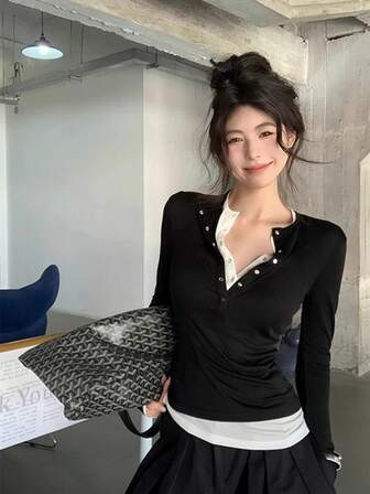 Early Autumn Casual 2 In 1 Slim Fit Long Sleeve T-Shirt For Women