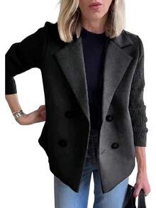 Women's Double Breasted Wool Pea Coat Notched Lapel Ribbed Knit Long Sleeve Sweater Short - Black - View 1