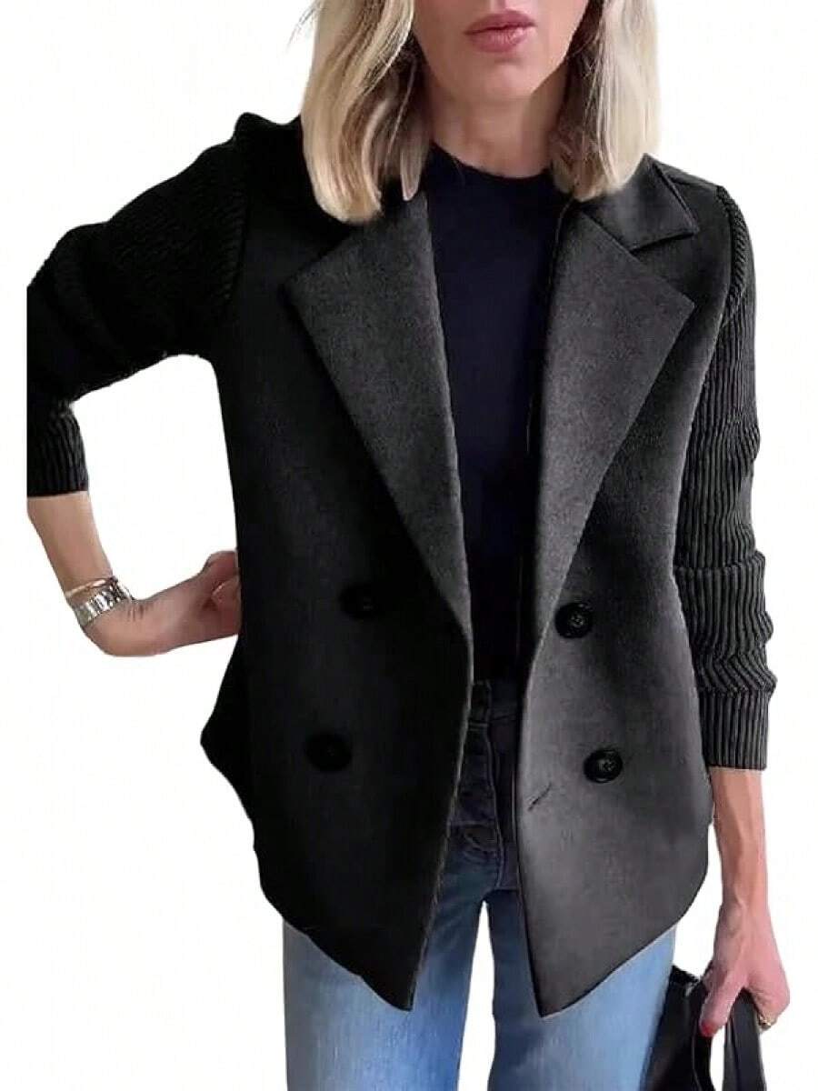 Women's Double Breasted Wool Pea Coat Notched Lapel Ribbed Knit Long Sleeve Sweater Short - Black - View 1