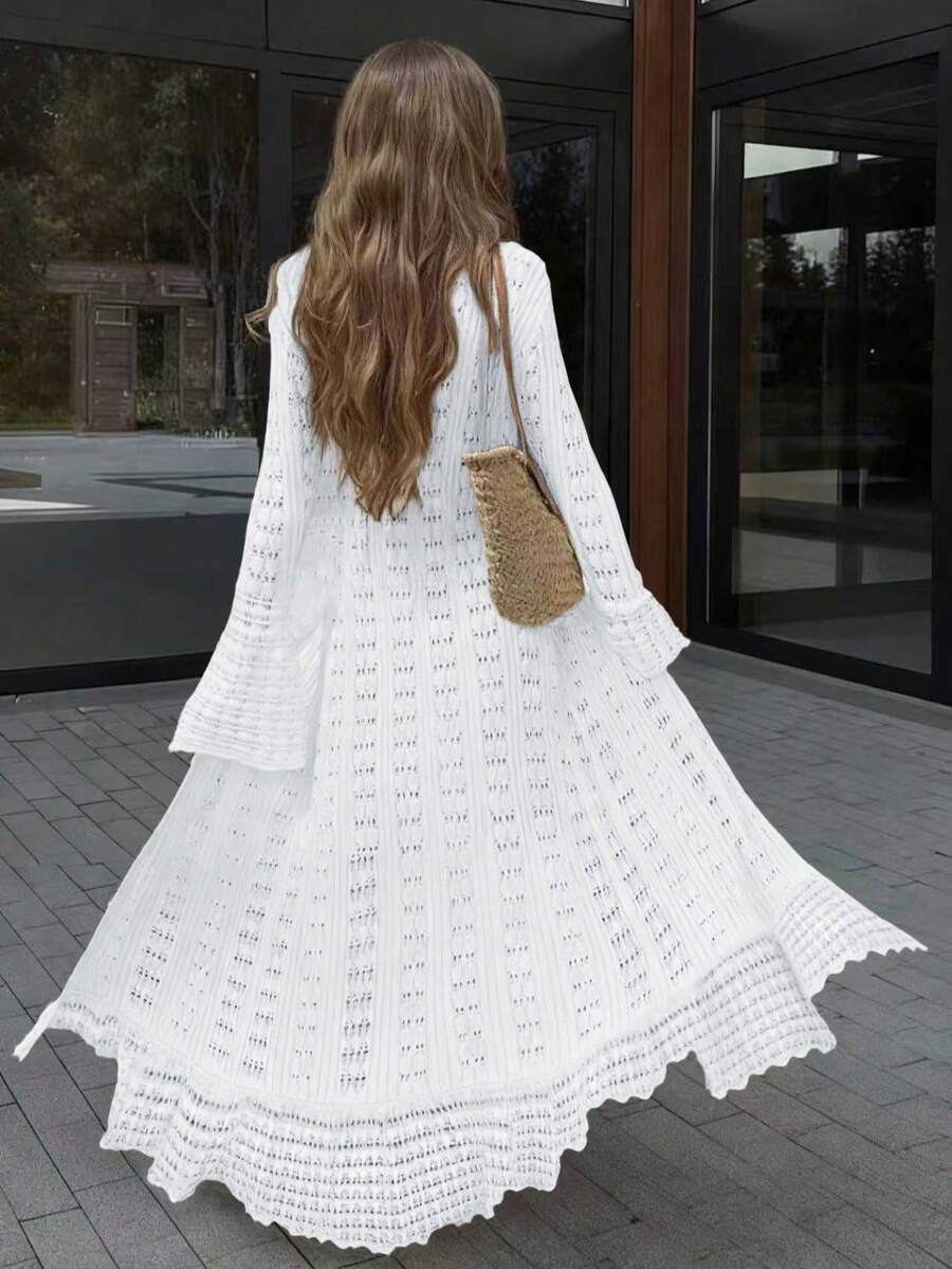 FOR BEAUTY V-Neck Long Sleeve Knit Dress, Fitted Casual Vacation Design, Hollow Out Flare Sleeve White Long Dress, Suitable For Beach, Seaside, Swimming - White - View 1
