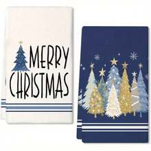 2pcs Highly Absorbent Polyester Festive Christmas Kitchen Towels - Blue Tree Design, 18x26 Inches For Holiday Home Decor, Cooking, Baking, And Cleaning - 2pcs - View 1