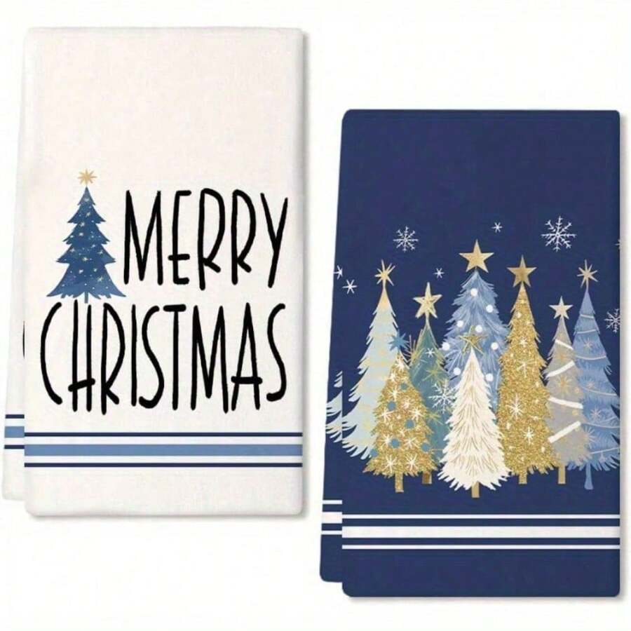 2pcs Highly Absorbent Polyester Festive Christmas Kitchen Towels - Blue Tree Design, 18x26 Inches For Holiday Home Decor, Cooking, Baking, And Cleaning - 2pcs - View 1