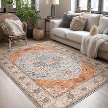 Washable Area Rug 5x7 - Soft Faux-Wool Area Rug Living Room Bedroom, Boho Vintage Floral Medallion Non-Slip Low Pile, Pet Friendly, Blue White - Orange Beige - View 1