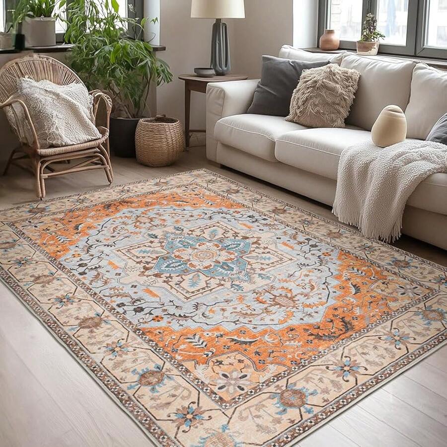 Washable Area Rug 5x7 - Soft Faux-Wool Area Rug Living Room Bedroom, Boho Vintage Floral Medallion Non-Slip Low Pile, Pet Friendly, Blue White - Orange Beige - View 1