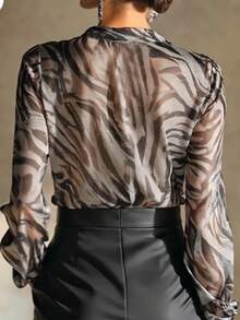 Elegant And Fashionable Women's Long-Sleeve Chiffon Top, Featuring A Sheer Zebra Print And A Crossover Hem Design-Perfect For Gatherings, Dates, And Spring/Summer Wear. Vacation - Multicolor - View 2
