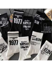 5双男士中筒袜，适合秋冬季节，水手风，防臭，百搭，美式运动字母设计，高筒袜，INS风格，全年皆可穿着 - 白色 - 查看 2