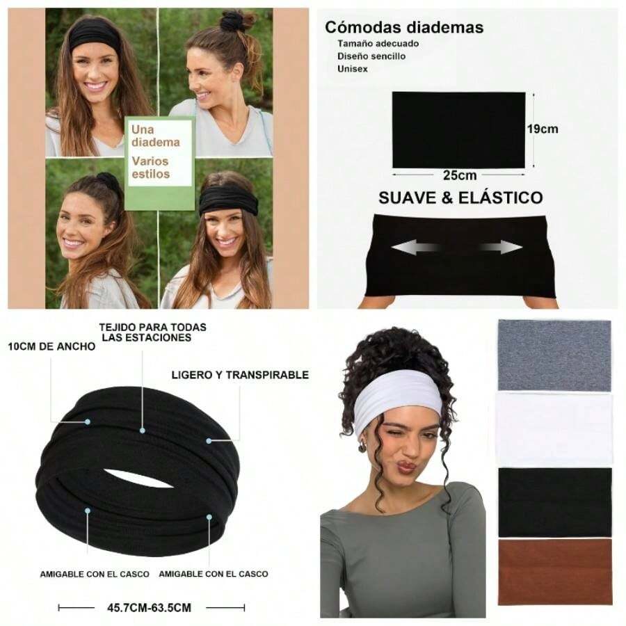 Diademas Deportivas 4 Piezas, Ensanchado Diademas Ejercicio para Mujer Yoga, Diadema Elstica Suave Que Absorbe el Sudor, Adecuada para Mujeres Deportes de Corriendo - black+Blanco+Arroz+Café - Ver 1