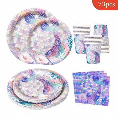 一套美人鱼尾巴闪光设计一次性餐盘、餐巾纸和杯子，可供16位客人使用，适合生日、婚礼、派对、家庭野餐等场合。