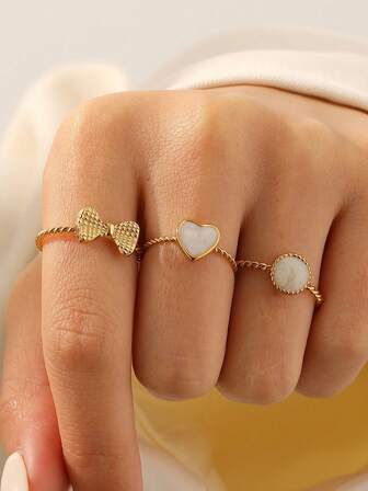 3 st/set elegant och söt guldpläterad rostfri stålring med hjärta och rosett, justerbar öppen ring, lämplig för kvinnor dagligen, fest, dejt