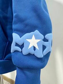 Y2K Retro Star And Letter Printed Zipper Hoodies,Spring Autumn Harajuku Y2K Women And Men Fashion Hip Hop Long Sleeve Hooded ,Avant-Garde - Street Casual Spring/Fall Loose Zipper Pocket Patched,Autumn And Winter Gothic Coat - 藍色 - 查看 4