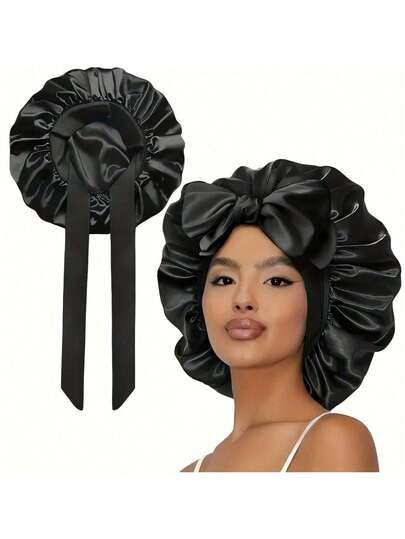 [Black Satin Bonnet] Soft Luxurious Black Satin Bonnet - Adjustable Tie Band & Bow Accent, Comfortable Ruffled Design For A Snug Fit, Hair Protection | Satin Cap | Smooth Satin Finish For Women & Men