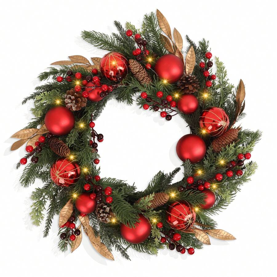 24" Wreath Battery-Operated LED Christmas Decor With 50 Led Lights Adorned With Shatterproof Berries & Balls For A Festive Welcome On Your Door Or Window - Black - View 1