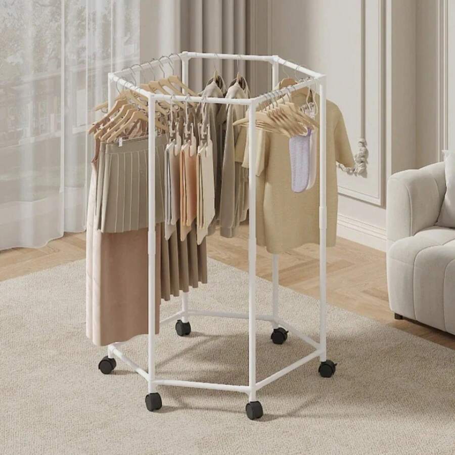 Hexagon Rotating Floor Clothes Rack Dormitory Coat Hanger Stand Indoor ...