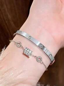 2/1 Piece New High-Quality Roman Numeral Zirconia Stainless Steel Bracelet, Bangle, Jewelry Set, Accessories Set, Suitable For Women's Delicate Wrists, Stackable, Lightweight Luxury, Unique Exquisite, Adorned With Rhinestones, Fashionable Design, Versatile Colors, Durable, Non-Fading, Perfect Daily Wear For Women - Silver - View 3